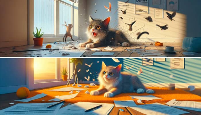 Illustration of a cat's behaviour after spaying: from aggressively scratching furniture and yowling in chaos to calmly lounging and purring on a sunny windowsill.