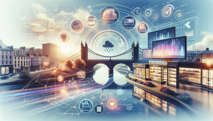 Illustration of a sleek online store in Barnstaple featuring intuitive navigation, attractive displays, increasing sales graphs, satisfied customers, and a symbol of growth.