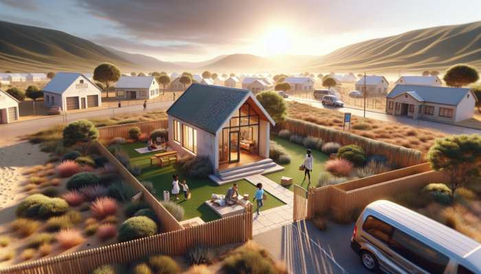 A simple single-story home in Postmasburg with neat garden and nearby schools; young family unpacking under sunny sky.