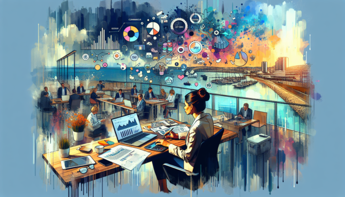 A focused small business owner in a modern Poole office analyzes e-commerce metrics on a laptop, surrounded by vibrant graphs of website traffic and engagement.