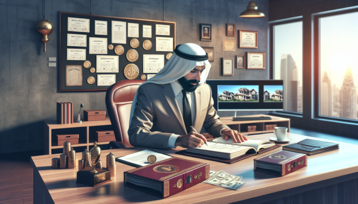 Evaluator examining estate agent's portfolio with documents, awards, and photos in a modern office under soft light.