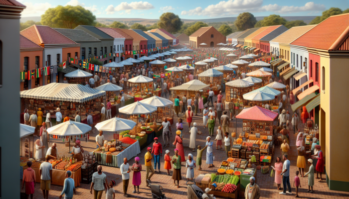 Vibrant marketplace at a Mpumalanga golf charity event, featuring colourful stalls selling local crafts, food, gear, and bustling crowds shopping under clear skies.