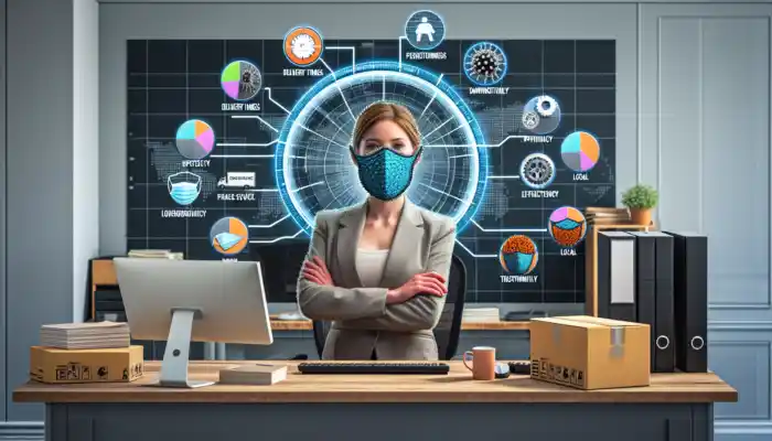 Business analyst in a modern Darlington office assessing PPE suppliers with charts, icons, and customised masks for efficiency.