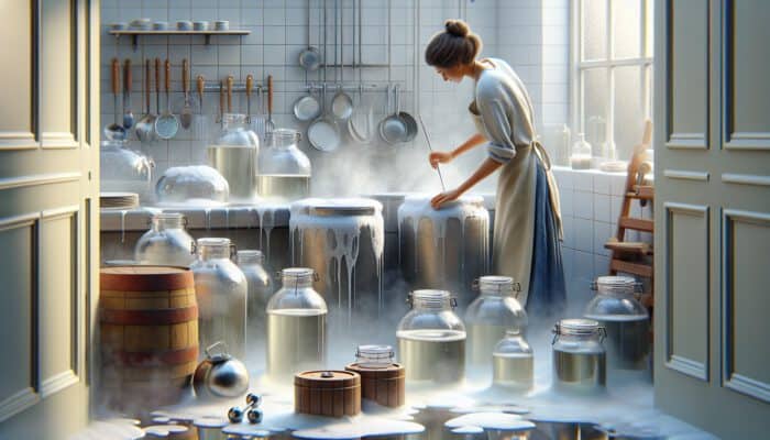 In a spotless kitchen, a person in a clean apron washes and rinses fermentation jars while checking for residues.