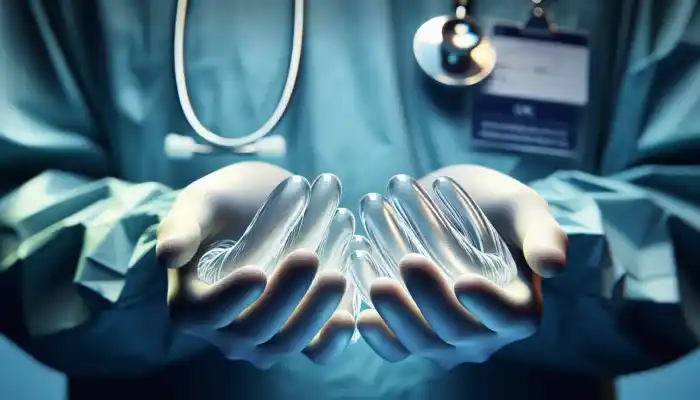 Close-up of hands wearing smooth, powder-free vinyl gloves during a delicate medical procedure in a sterile UK hospital, highlighting the flexible, latex-free material.
