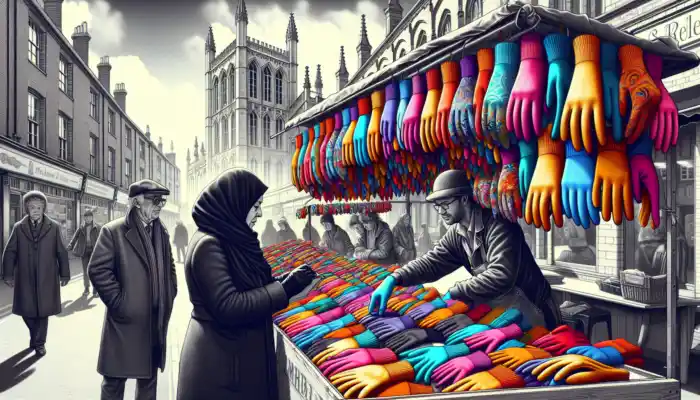 A shopper examines colourful gloves at a bustling Leicester market stall, framed by historic brick buildings and a grey sky.