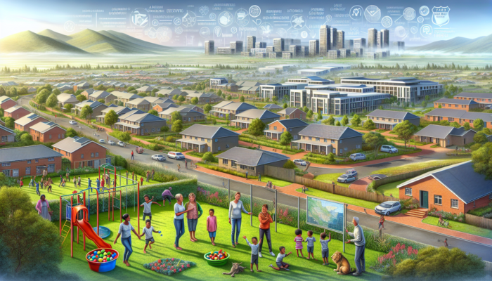 A vibrant Krugersdorp neighborhood features modern school buildings, families in homes, children playing in green parks under a clear sky.