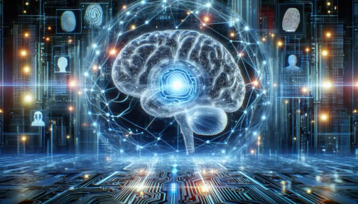 A glowing neural network in a human brain with synapses firing to match faces and fingerprints, surrounded by holographic data streams in a futuristic lab.