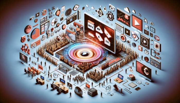 A digital workspace editing MP4, AVI, and MOV files into short clips for a vibrant blog, with engaged viewers on screens.