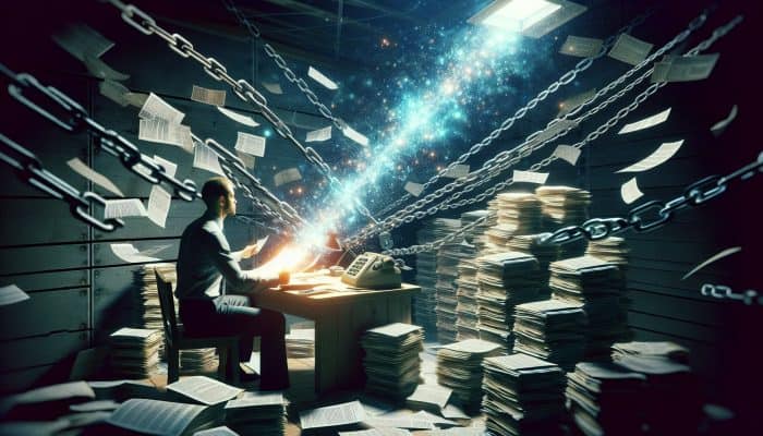 Bad Credit Debt Consolidation: Real Examples: Key Tips | DCL Determined person at cluttered desk with overdue bills and credit chains, studying glowing debt consolidation flowchart, light symbolising hope.