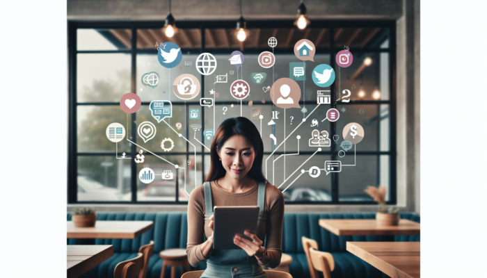 A small business owner in a cosy cafe manages social media on a tablet, with Twitter and Instagram icons, rising graphs, and growing customer lines.