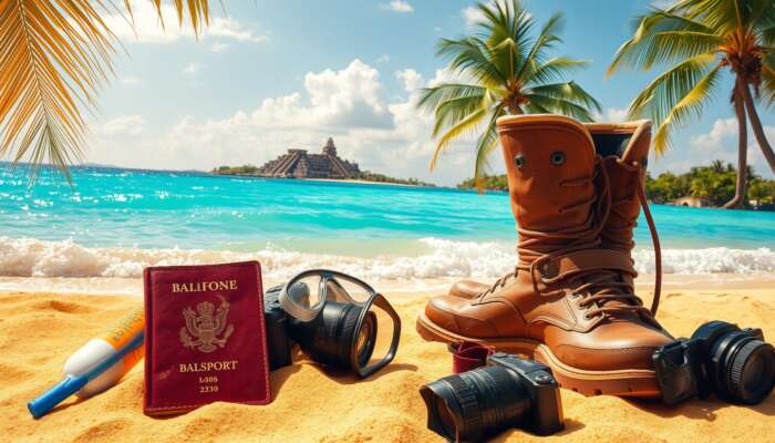 A vibrant Belizean beach with travel essentials: passport, sunscreen, snorkel gear, hiking boots, and camera on golden sand near waves and palm trees.
