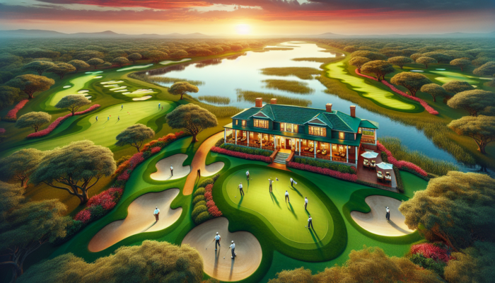 Aerial view of Benoni Country Club: lush green fairways, sand bunkers, colonial clubhouse, golfers swinging, trees, serene lake, and golden sunset sky.