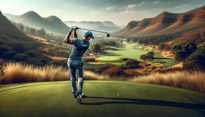 Tips For Better Golf Weight Transfer: A professional golfer performs a precise weight shift mid-swing on a lush Gauteng course, inspired by Ernie Els, amid rolling hills.