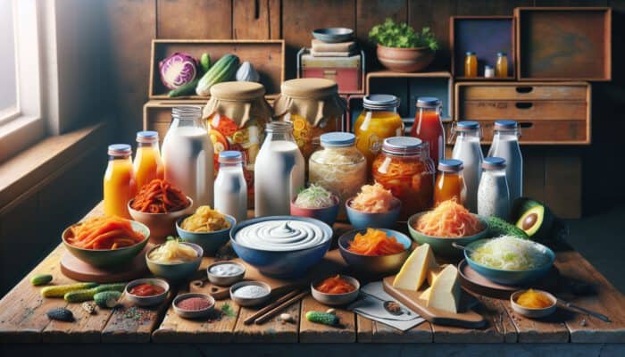 Top Gut-Healthy Fermented Food Recipes: A vibrant still-life of fermented foods on a rustic table: creamy yogurt, spicy kimchi jars, tangy sauerkraut, refreshing kefir, and savory miso soup.