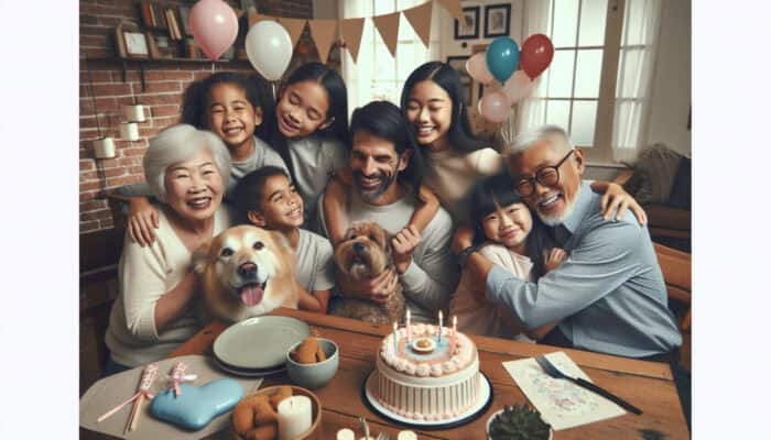 Celebrating Pet Adoption Anniversaries: Family celebrating pet adoption anniversary with loyal dog and affectionate cat, surrounded by balloons, a decorated cake, and joyful hugs.
