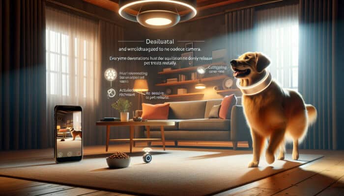 Playful golden retriever wearing a smart collar interacts with a treat-dispensing camera in a cozy living room, viewed on a smartphone app.