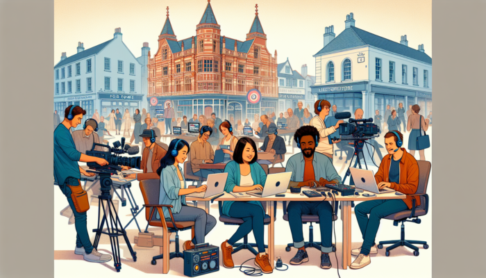 Video Content Production in Frome for Small Business: A vibrant video production studio in historic Frome, England, showcasing diverse filmmakers collaborating on content inspired by local culture.