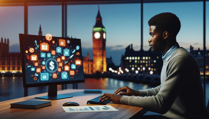 Student Loan Debt Consolidation Options: Best Choices | DCL Young professional in a modern London office reviews computer screen showing merging student loan icons, symbolising UK debt consolidation with Big Ben in sunset background.