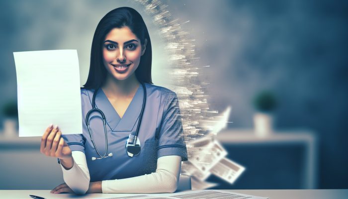 Smiling NHS nurse in scrubs holds loan document at desk, as credit card bills fade, symbolising financial relief.