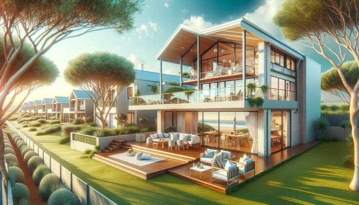 Charming modern coastal home in Pretoria with open-plan living, lush patios, sea-view balconies, and trees under a sunny sky.