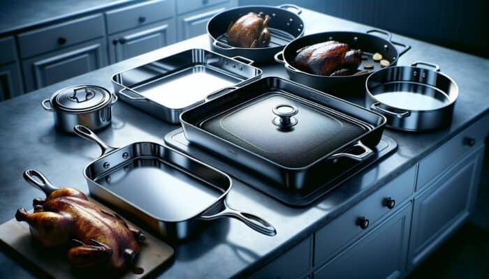 How to Pick the Right Roasting Pan: Kitchen counter displaying four roasting pans: polished stainless steel All-Clad, rugged cast iron, lightweight aluminum, and glossy ceramic.