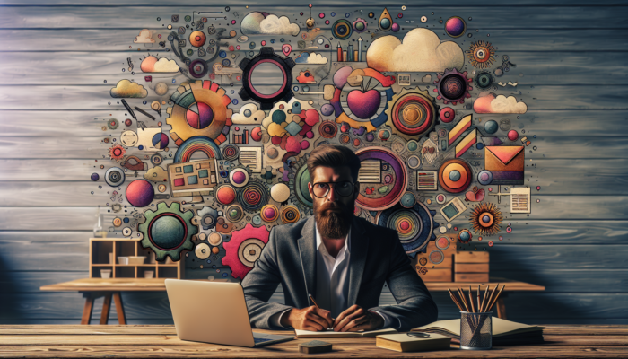 Expert Content Creation in Newent for Small Businesses: An entrepreneur working in a cosy Newent workshop with a laptop, SEO graphs, sticky notes, storyboards, and vibrant photos.