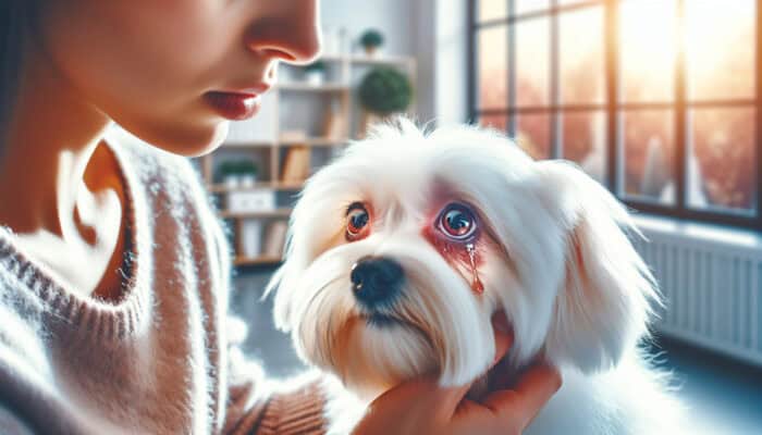 Eye Stain Removal for White Pet Coats: Close-up of a fluffy white Maltese dog with reddish-brown tear stains around its sad eyes, as a concerned owner gently examines it in a sunlit room.