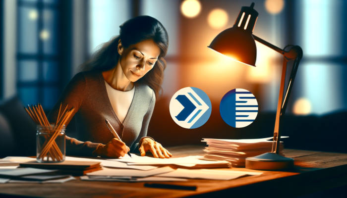 A determined woman in Pietermaritzburg sorts home loan documents, including ID cards and bank statements, on a cluttered desk with bank logos under warm lighting.
