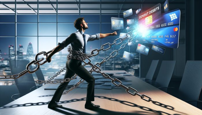 Consolidating Debt with a UK DMP in Place: Key Steps | DCL A determined UK individual in a London office breaking free from debt chains, holding a glowing consolidation plan document.