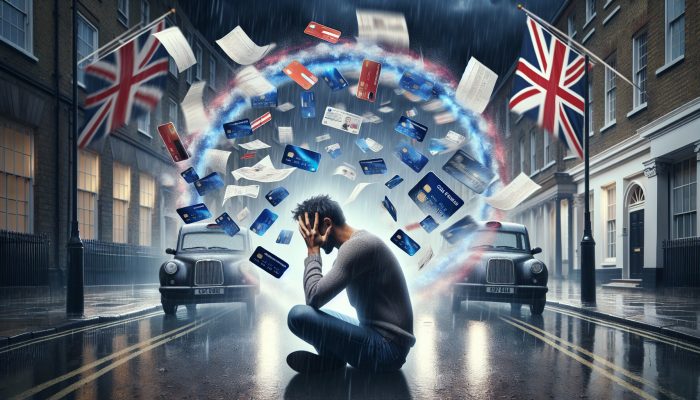 can debt consolidation stop ccjs in the uk?: Key Facts | DCL A stressed person stands in a rainy London street, surrounded by chaotic floating credit cards and bills merging into a glowing loan document, with a waving Union Jack flag.