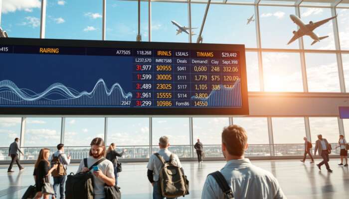 A vibrant airport scene with a digital board showing fluctuating flight prices, travelers checking apps, demand graphs, and planes taking off.