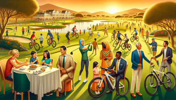Vibrant Koro Creek scene: Families golfing on lush greens, cyclists on bushveld trails, and guests mingling at a themed evening under a golden sunset.