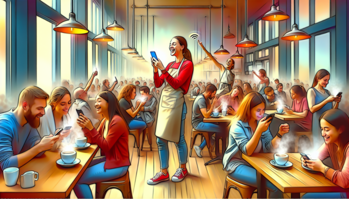 In a vibrant Lechlade café, a smiling owner posts videos on illuminated social media screens as patrons engage on phones with steaming coffee cups.