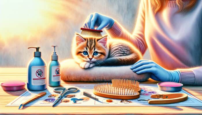 Grooming Introduction for Kittens: A cute kitten is gently groomed by its owner with a soft brush and comb in a sunlit room, surrounded by grooming tools.