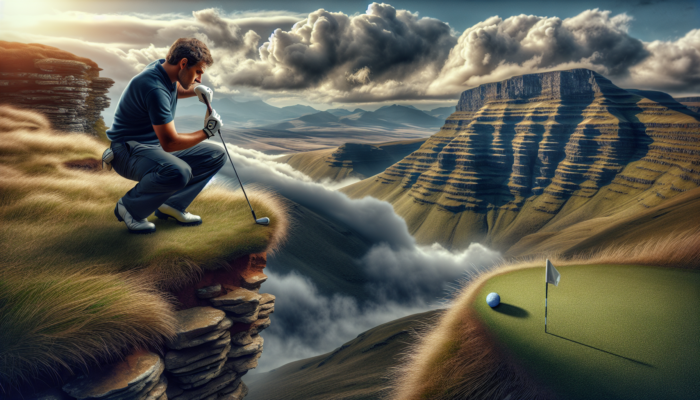A golfer assesses a steep Drakensberg slope in South Africa, practicing a swing with a teetering ball amid rugged hills under a dramatic sky.