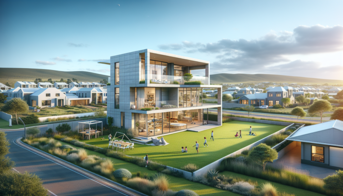 Modern family home in Oudtshoorn with clean lines, large windows, spacious garden, and nearby schools, shops, and healthcare facilities.