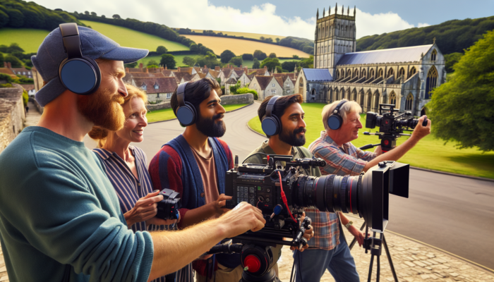 Video Content Production in Sherborne for Small Business: Video production team in Sherborne films vibrant scenes with rolling hills, ancient abbeys, and cultural symbols for community connection.