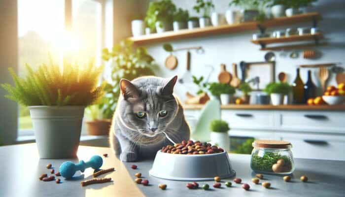Senior Cat Nutritional Needs: A senior gray cat with bright eyes eating nutrient-rich food in a sunlit kitchen, surrounded by herbs and a toy, symbolising joint health.