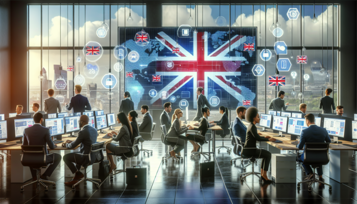 Developers in a bustling London office creating vibrant ecommerce websites with secure payments and custom software under a Union Jack banner.