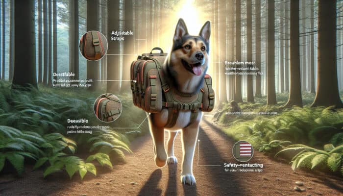 A determined dog hikes a forested trail, wearing a durable backpack with adjustable straps, reflective strips, and storage pockets under a sunny sky.
