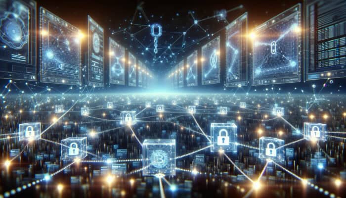 A glowing chain of interconnected blocks in a decentralized network, symbolising blockchain's immutability, security, and transparent data streams.