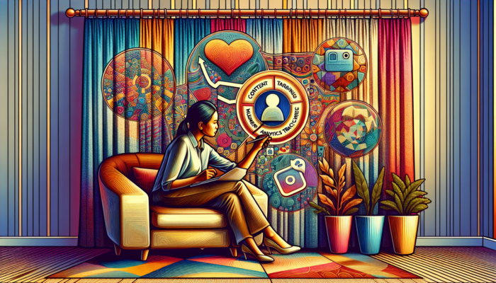 Illustration of a small business owner in an office, planning social media strategy on a whiteboard with steps for content, audience, and analytics, surrounded by laptop icons of Instagram, Twitter, and Facebook.