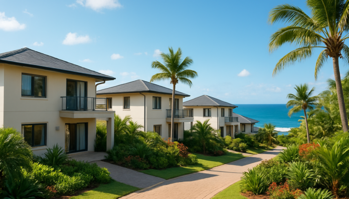 Modern coastal estate in Ballito, South Africa, with 2-3 bedroom homes, lush gardens, and ocean views.