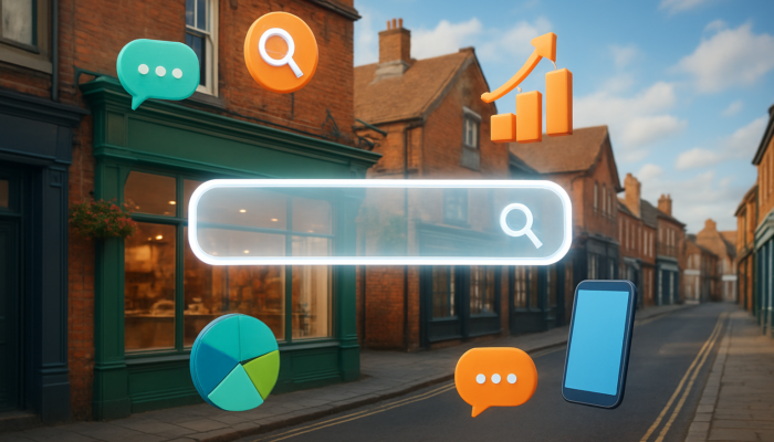 Vibrant Warminster street scene: small business storefront with floating SEO keywords, mobile devices, and glowing search bar.