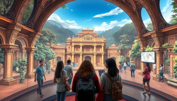 Visitors participating in immersive theatre with audio guides at a vibrant historical site, surrounded by intricate cultural and natural designs.