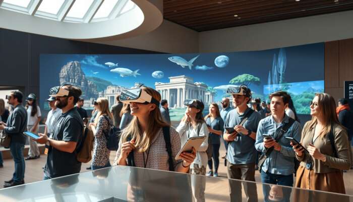 Diverse visitors in a vibrant museum wearing VR headsets to explore holographic ancient ruins and using tablets for personalised tours.