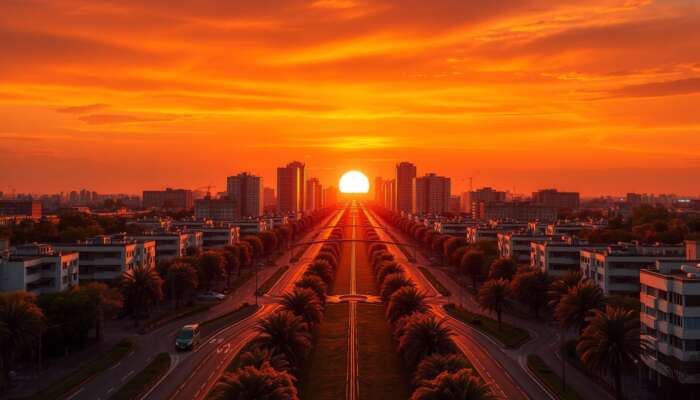 Symmetrical urban landscape at golden hour, showcasing winding paths leading to a vibrant focal point with striking warm and cool colour contrasts.