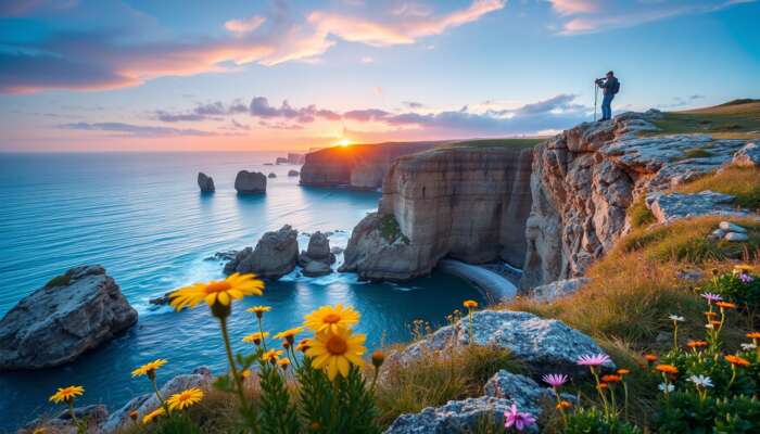 Photographer on coastal cliff at dawn captures vibrant sunrise over turquoise waters, with golden light illuminating wildflowers and rugged rocks, avoiding crowds.