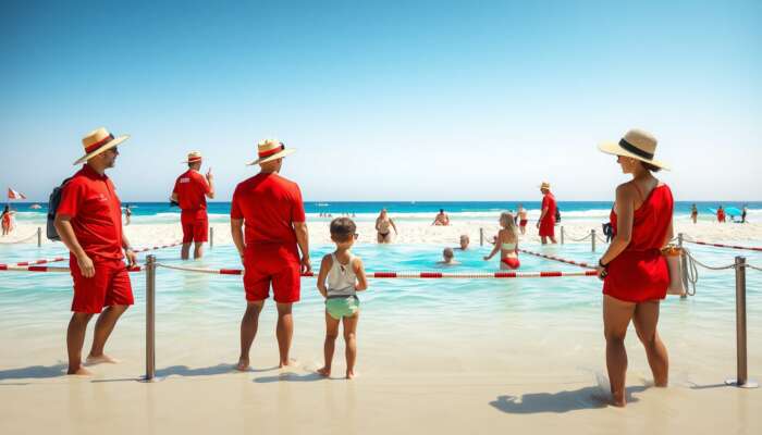 Beach scene with lifeguards in red uniforms monitoring swimmers in designated areas, families wearing hats and sunglasses under bright sunshine.